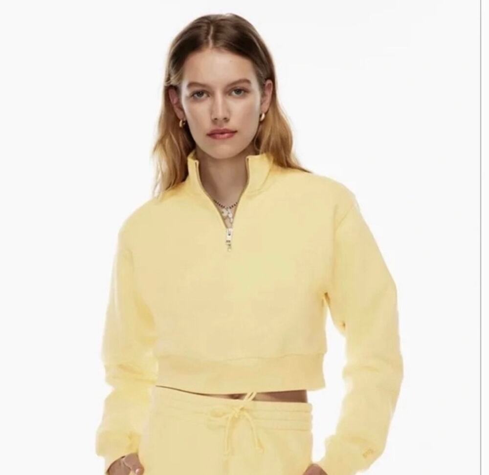 TNA Aritzia Sweatshirt Cozy Fleece Perfect Cropped 1/4 Zip Yellow Womens Small